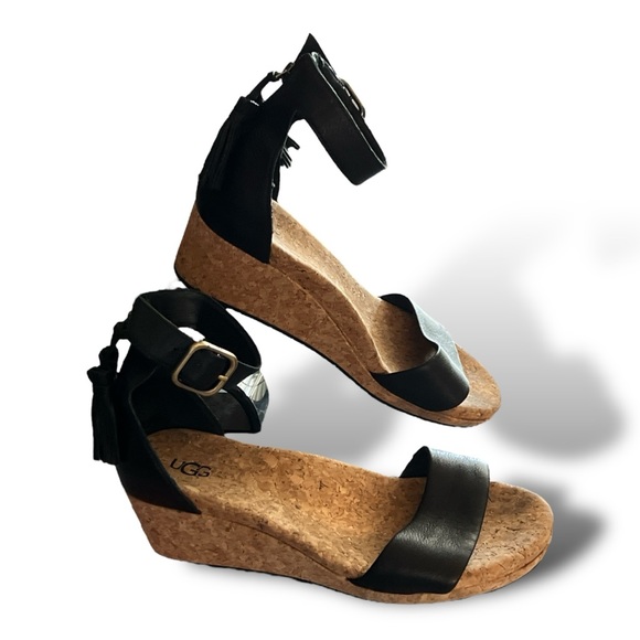 UGG Shoes - UGG Australian Black Zoe Tassel Sandal ankle strap wedge  Back Zip Size 9.
